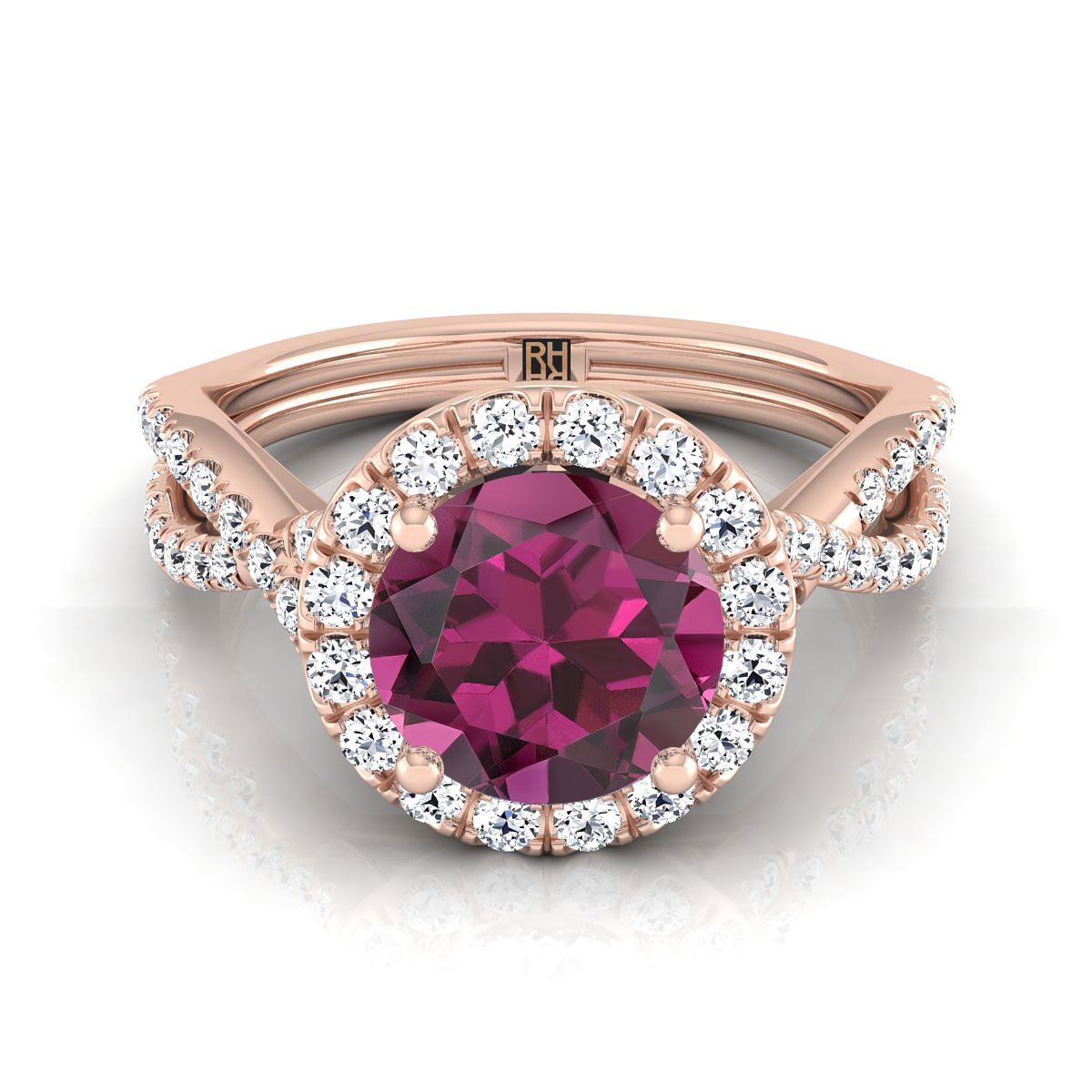 14K Rose Gold Round Brilliant Garnet Twisted Scalloped Pavé Diamonds แหวนหมั้น Halo -1/2ctw