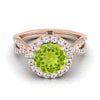 14K Rose Gold Round Brilliant Peridot Twisted Scalloped Pavé Diamonds แหวนหมั้น Halo -1/2ctw