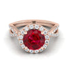 14K Rose Gold Round Brilliant Ruby Twisted Scalloped Pavé Diamonds แหวนหมั้น Halo -1/2ctw