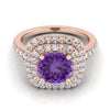 14K Rose Gold Round Brilliant Amethyst Double Halo พร้อมแหวนหมั้นเพชร Pavé สแกลลอป -1/2ctw