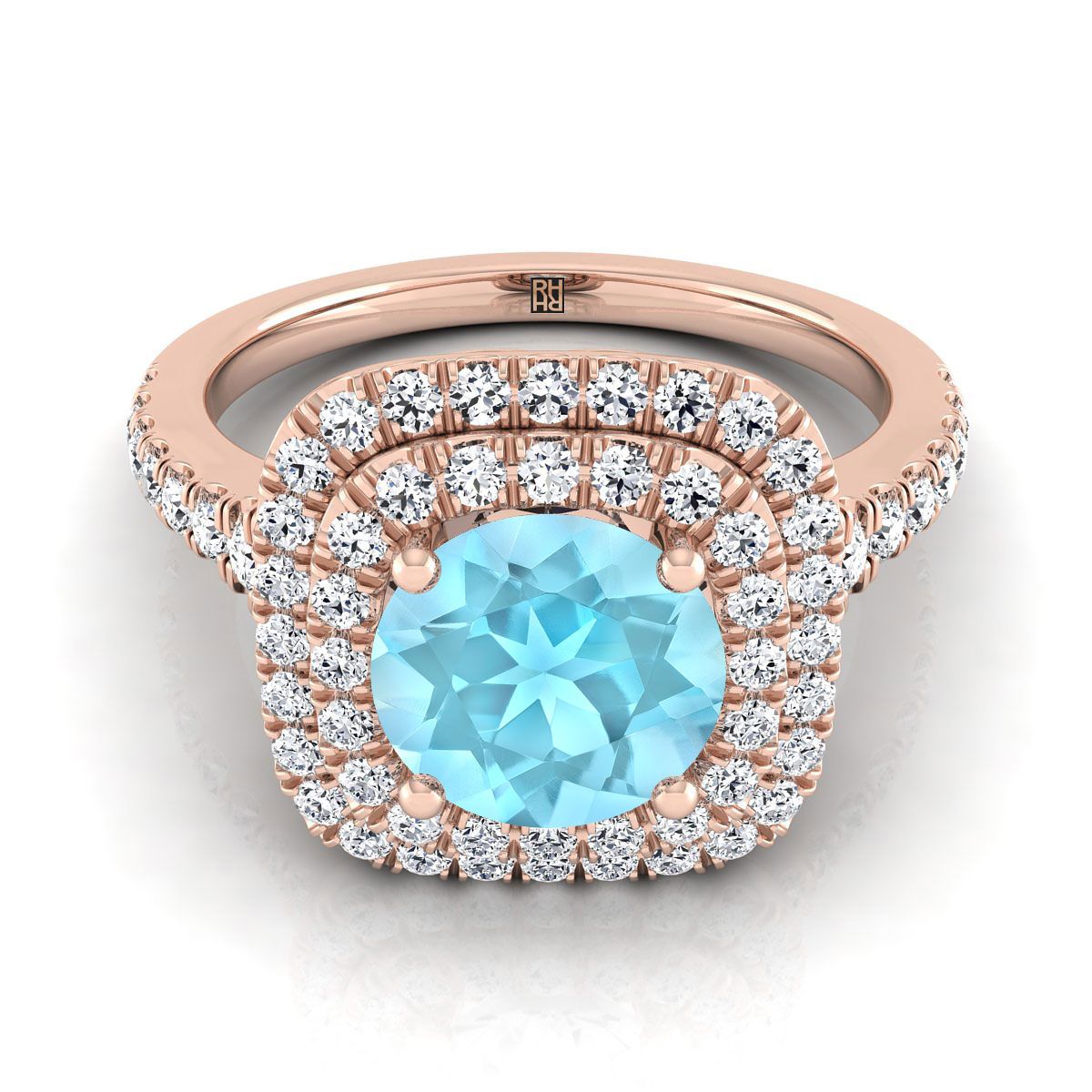 14K Rose Gold Round Brilliant Aquamarine Double Halo พร้อมแหวนหมั้นเพชร Pavé แบบสแกลลอป -1/2ctw