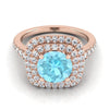 14K Rose Gold Round Brilliant Aquamarine Double Halo พร้อมแหวนหมั้นเพชร Pavé แบบสแกลลอป -1/2ctw