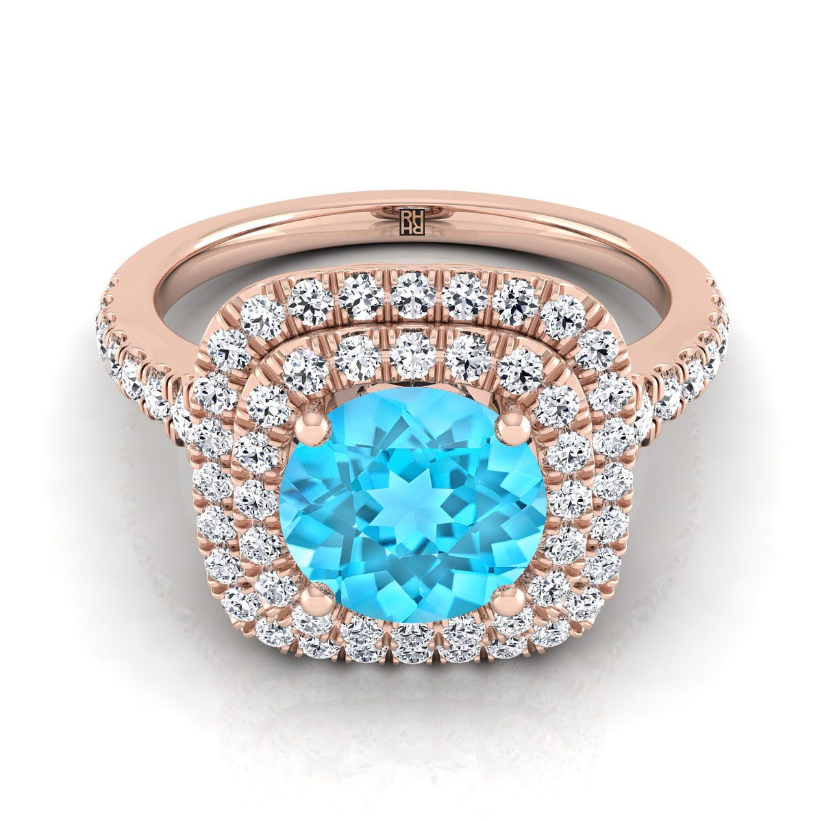 14K Rose Gold Round Brilliant Swiss Blue Topaz Double Halo พร้อมแหวนหมั้นเพชร Pavé แบบสแกลลอป -1/2ctw