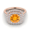 14K Rose Gold Round Brilliant Citrine Double Halo พร้อมแหวนหมั้นเพชร Pavé แบบสแกลลอป -1/2ctw