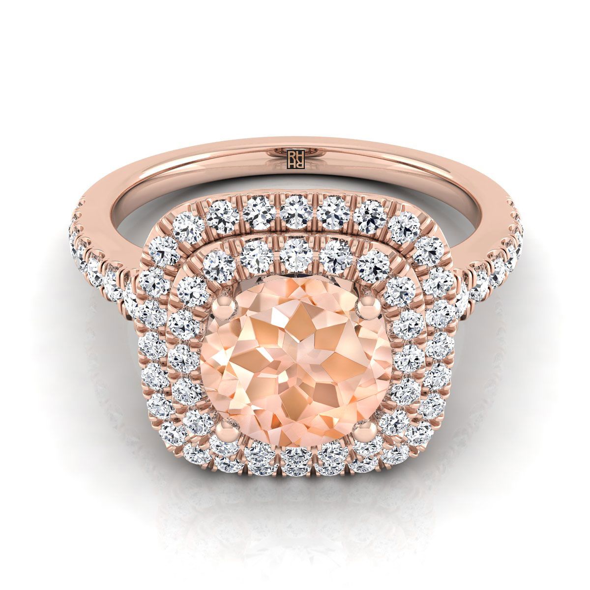 14K Rose Gold Round Brilliant Morganite Double Halo พร้อมแหวนหมั้นเพชร Pavé สแกลลอป -1/2ctw