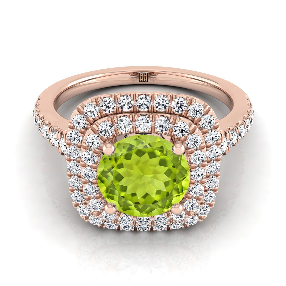 14K Rose Gold Round Brilliant Peridot Double Halo พร้อมแหวนหมั้นเพชร Pavé สแกลลอป -1/2ctw