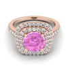 14K Rose Gold Round Brilliant Pink Sapphire Double Halo พร้อมแหวนหมั้นเพชร Pavé แบบสแกลลอป -1/2ctw