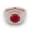 14K Rose Gold Round Brilliant Ruby Double Halo พร้อมแหวนหมั้นเพชร Pavé สแกลลอป -1/2ctw