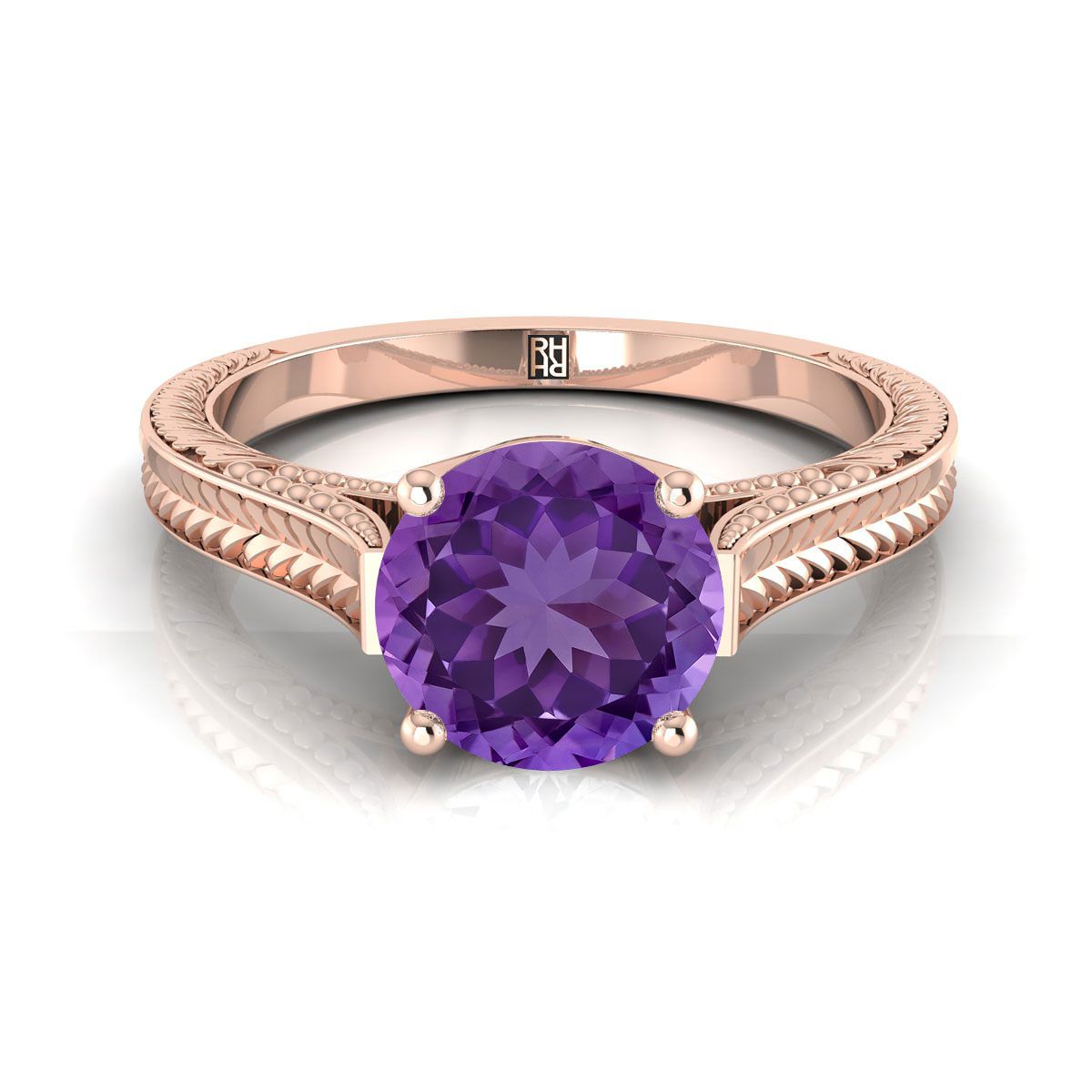 14K Rose Gold Round Brilliant Amethyst มือแกะสลักแหวนหมั้นเล่นไพ่คนเดียวสไตล์วินเทจสไตล์อาสนวิหาร