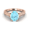 14K Rose Gold รูปไข่ Aquamarine มือแกะสลักแหวนหมั้นเล่นไพ่คนเดียวสไตล์วินเทจสไตล์อาสนวิหาร