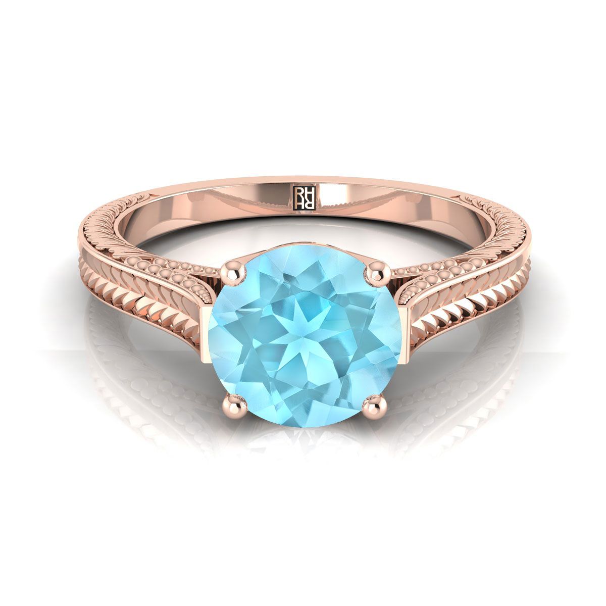 14K Rose Gold Round Brilliant Aquamarine มือแกะสลักสไตล์วินเทจ Cathedral แหวนหมั้นเล่นไพ่คนเดียว