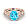 14K Rose Gold Oval Swiss Blue Topaz แกะสลักมือสไตล์วินเทจ Cathedral แหวนหมั้นเล่นไพ่คนเดียว