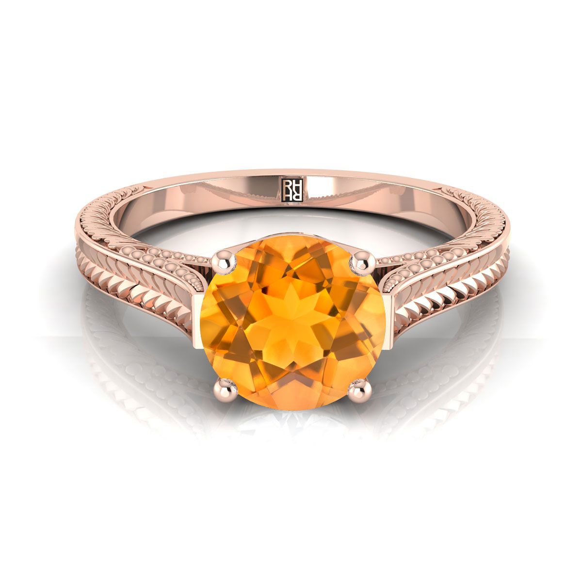 14K Rose Gold Round Brilliant Citrine Hand Engraved Vintage Cathedral Style Solitaire Engagement Ring