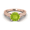 14K Rose Gold Round Brilliant Peridot Hand Engraved Vintage Cathedral Style Solitaire Engagement Ring