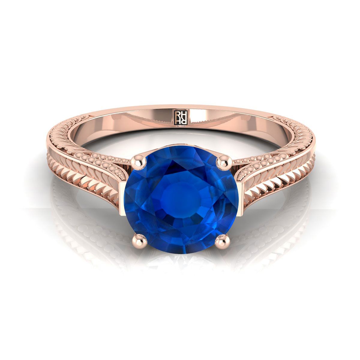 14K Rose Gold Round Brilliant Sapphire มือแกะสลักสไตล์วินเทจ Cathedral แหวนหมั้นเล่นไพ่คนเดียว