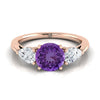 14K Rose Gold Round Brilliant Amethyst จับคู่อย่างสมบูรณ์แบบรูปลูกแพร์แหวนหมั้นเพชรสาม -7/8ctw