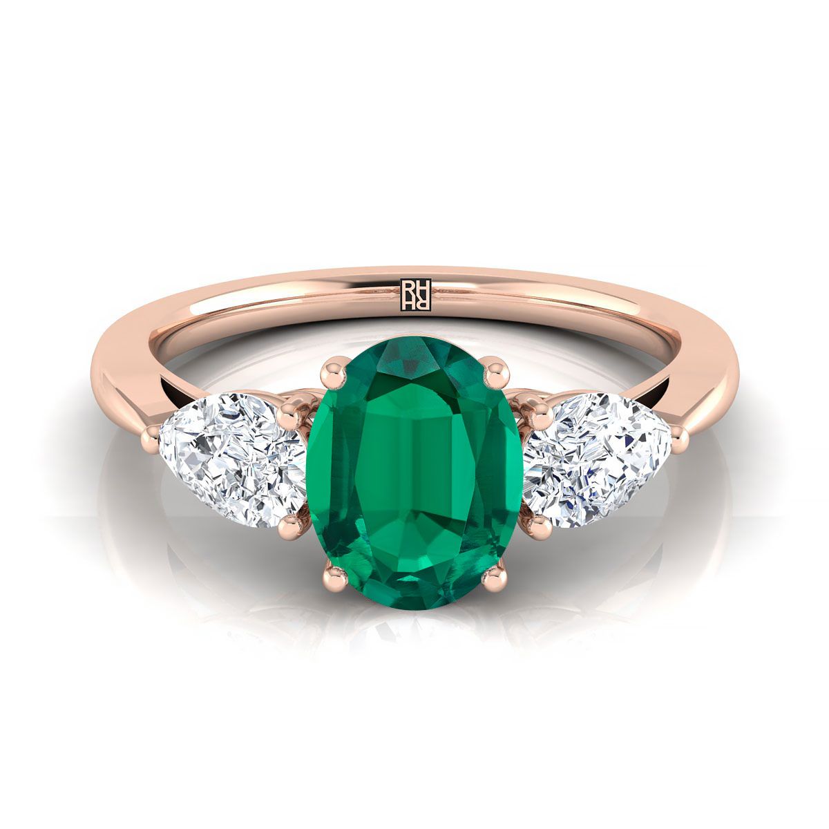 14K Rose Gold Oval Emerald แหวนหมั้นเพชรรูปลูกแพร์ที่เข้าคู่กันอย่างลงตัว -7/8ctw