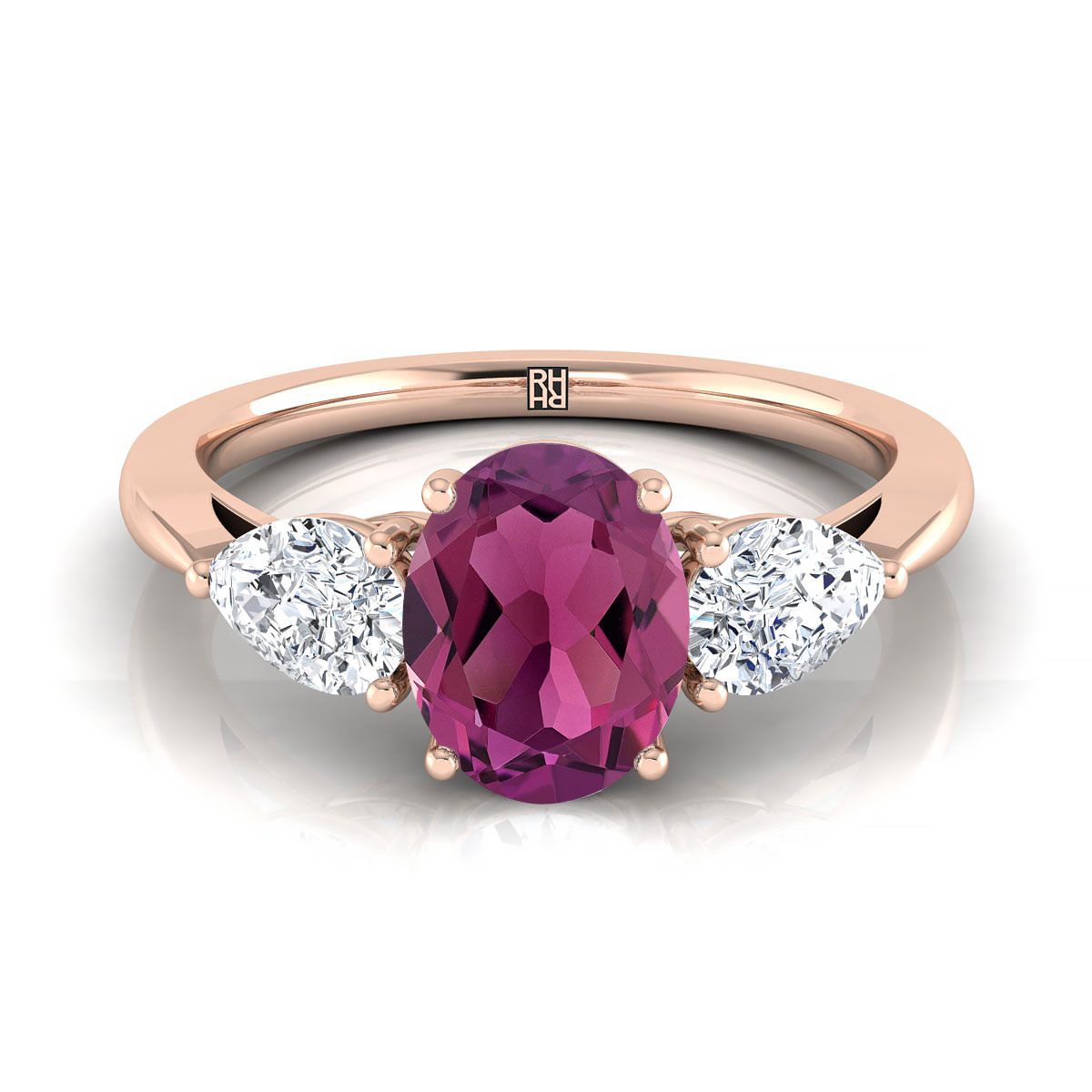 14K Rose Gold Garnet รูปไข่แหวนหมั้นเพชรสามลูกแพร์ที่เข้าคู่กันอย่างลงตัว -7/8ctw