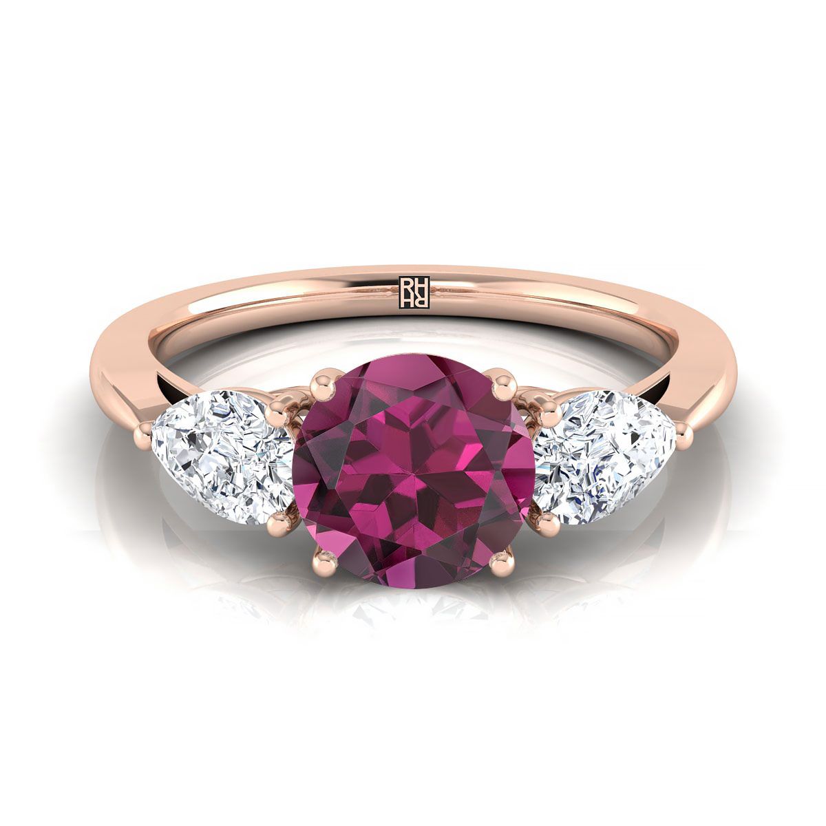 14K Rose Gold Round Brilliant Garnet จับคู่อย่างสมบูรณ์แบบรูปลูกแพร์แหวนหมั้นเพชรสาม -7/8ctw