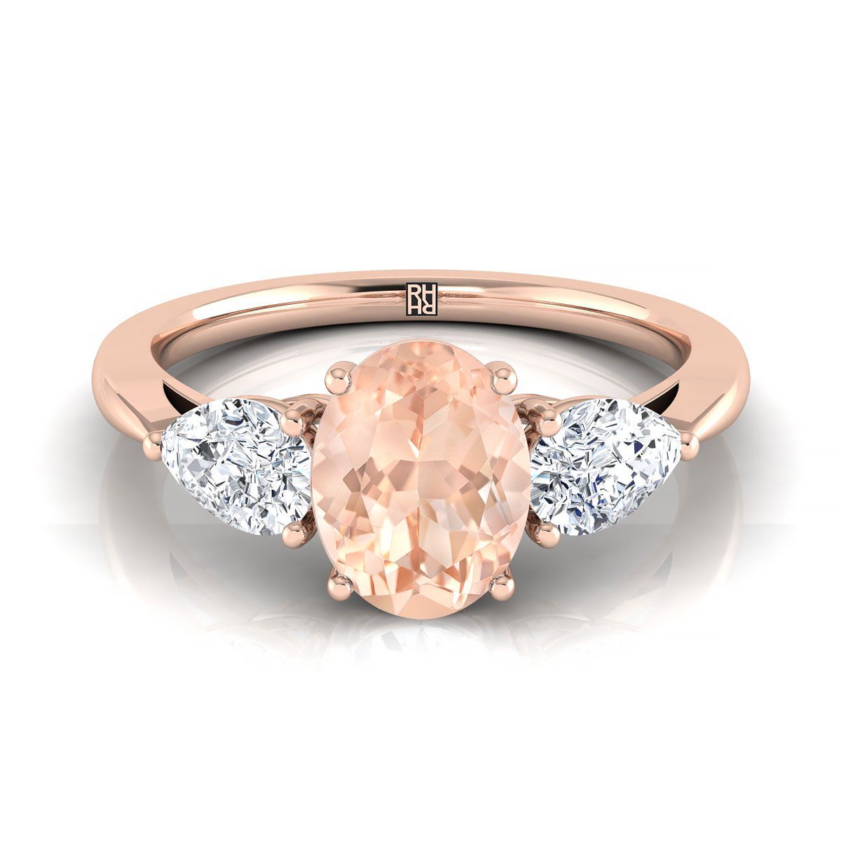 14K Rose Gold Oval Morganite แหวนหมั้นเพชรรูปลูกแพร์ที่เข้ากันอย่างลงตัว -7 / 8ctw