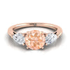 14K Rose Gold Round Brilliant Morganite จับคู่อย่างสมบูรณ์แบบรูปลูกแพร์แหวนหมั้นเพชรสาม -7/8ctw