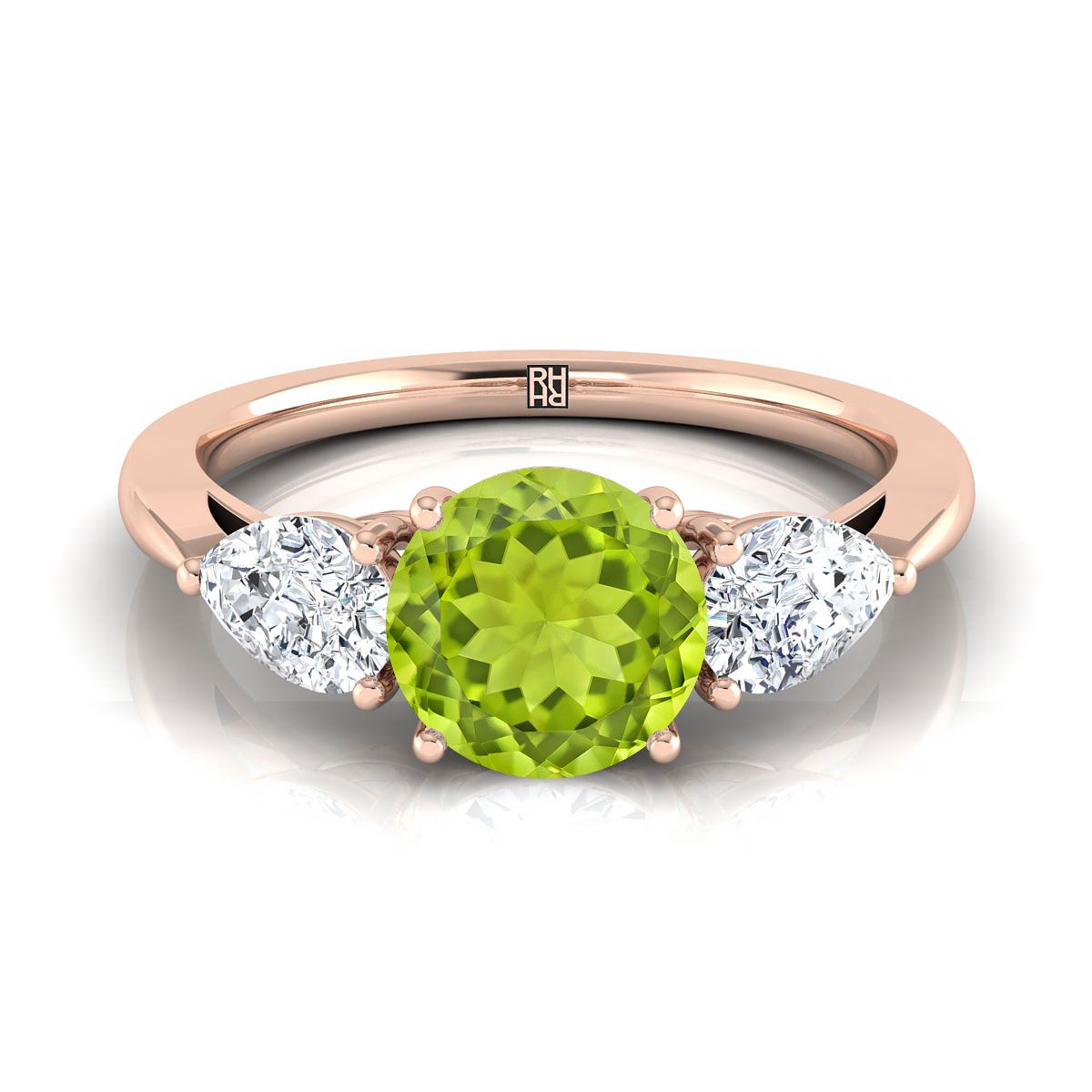 14K Rose Gold Round Brilliant Peridot จับคู่อย่างสมบูรณ์แบบรูปลูกแพร์แหวนหมั้นเพชรสาม -7/8ctw