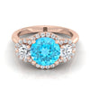 14K Rose Gold Round Brilliant Swiss Blue Topaz French Pave Diamond สามแหวนหมั้น -1/2ctw