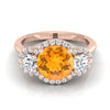 14K Rose Gold Round Brilliant Citrine French Pave Diamond Three Stone Engagement Ring -1/2ctw