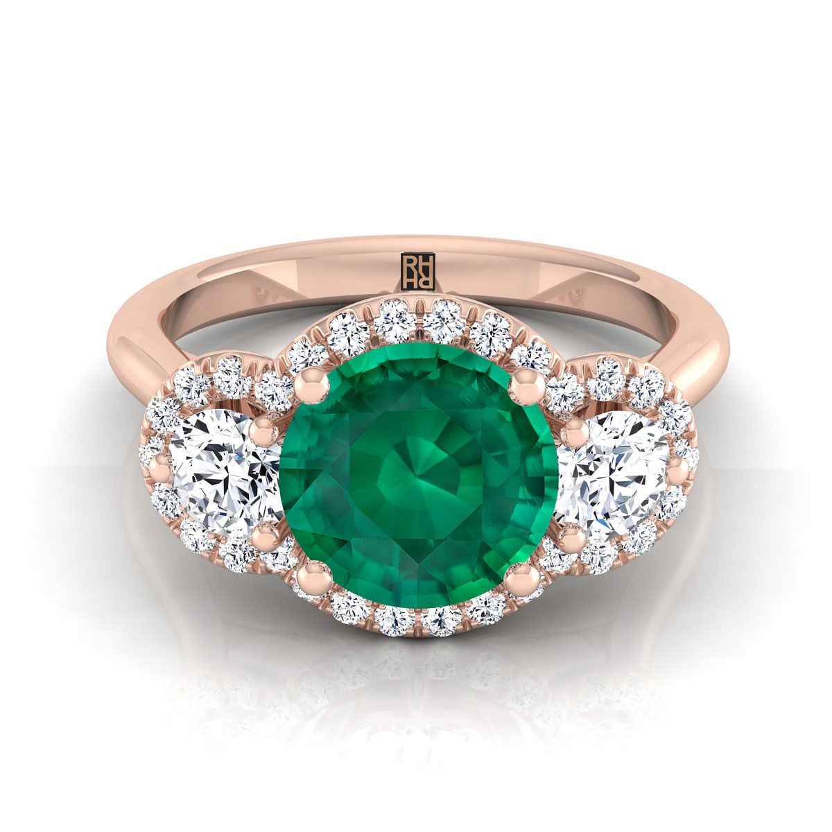 14K Rose Gold Round Brilliant Emerald French Pave Diamond แหวนหมั้นเพชรสามเม็ด -1/2ctw