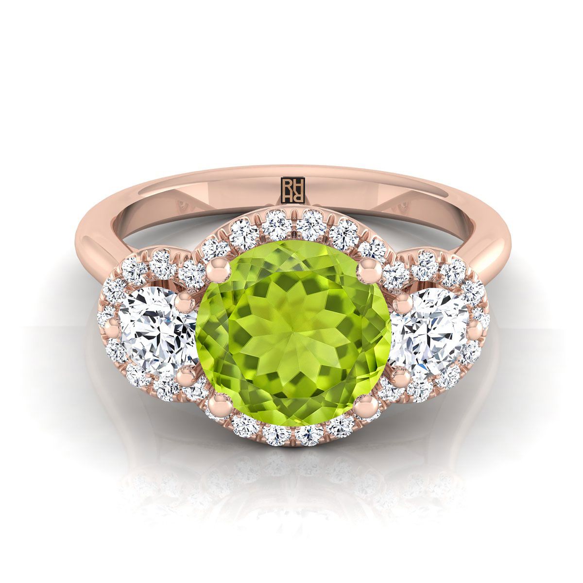 14K Rose Gold Round Brilliant Peridot French Pave Diamond สามแหวนหมั้น -1/2ctw