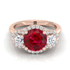 14K Rose Gold Round Brilliant Ruby French Pave Diamond Three Stone Engagement Ring -1/2ctw