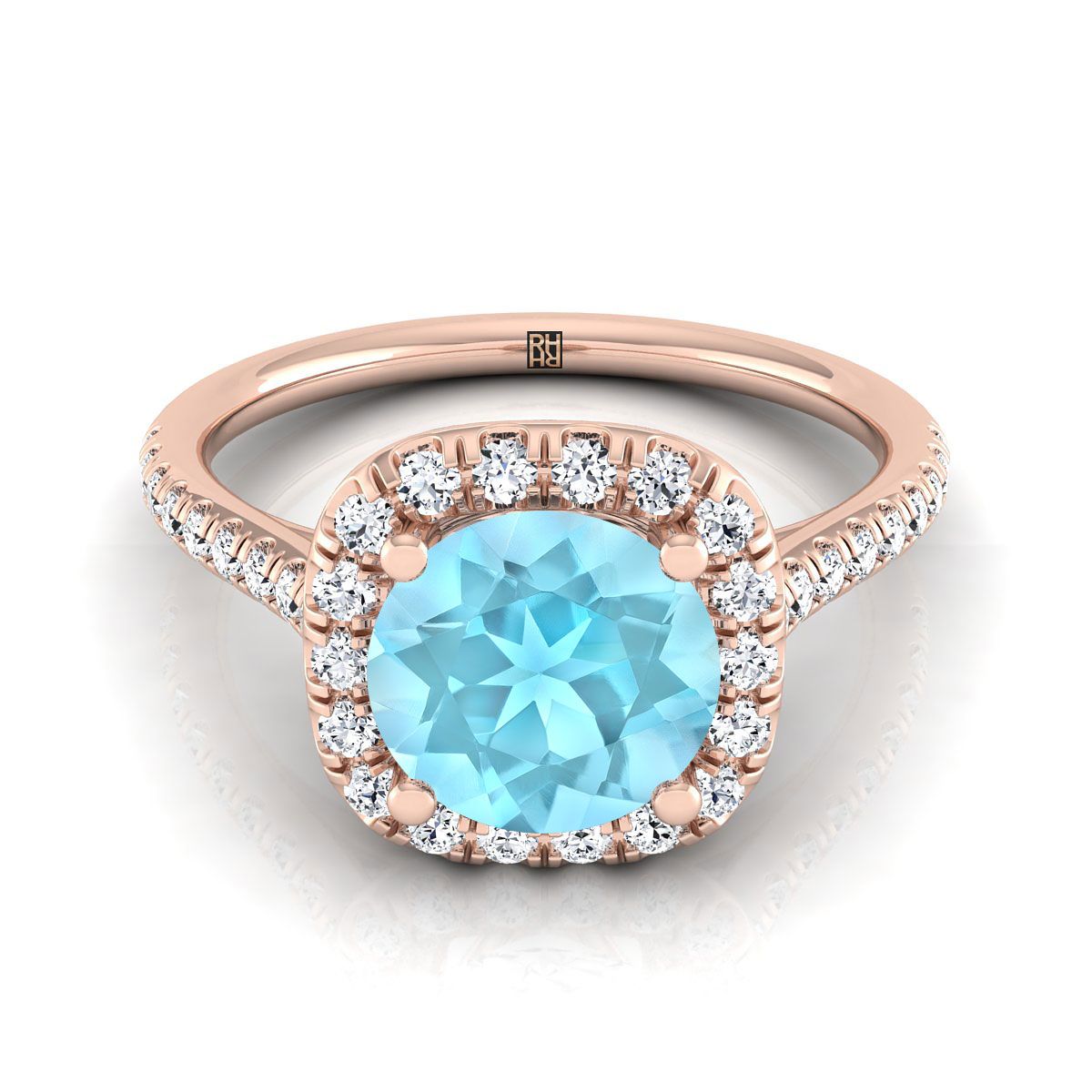 14K Rose Gold Round Brilliant Aquamarine Simple Prong Set Halo Engagement Ring -1/3ctw