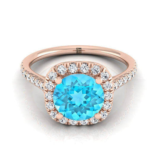 14K Rose Gold Round Brilliant Swiss Blue Topaz Simple Prong Set Halo แหวนหมั้น -1/3ctw