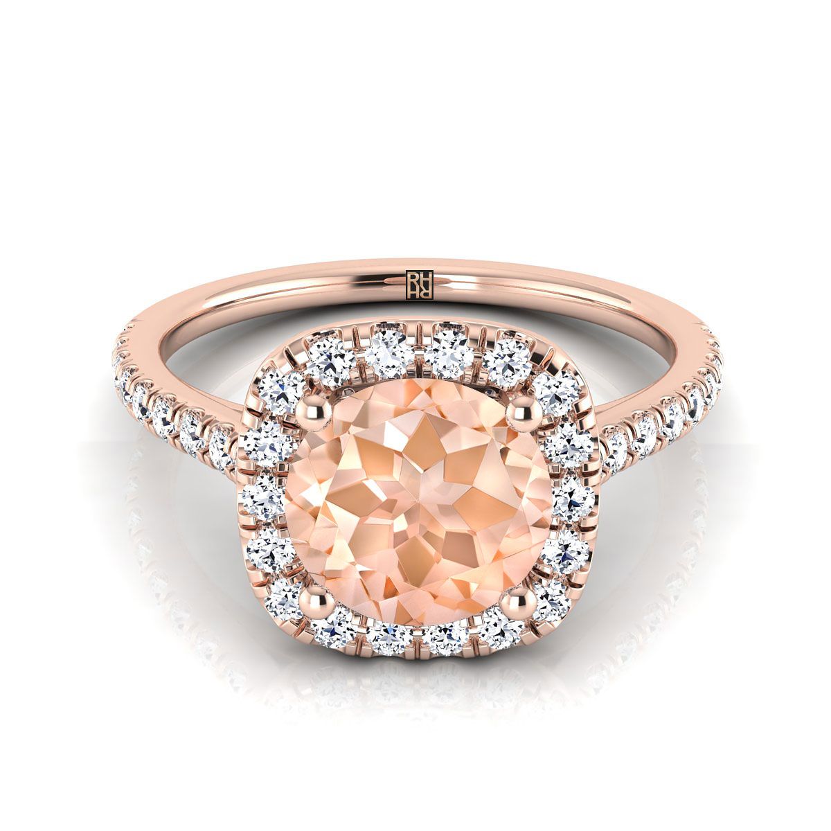 แหวนหมั้นเพชร Pave Morganite Halo ทรงกลมสีทอง 14K Rose Gold -1/3ctw