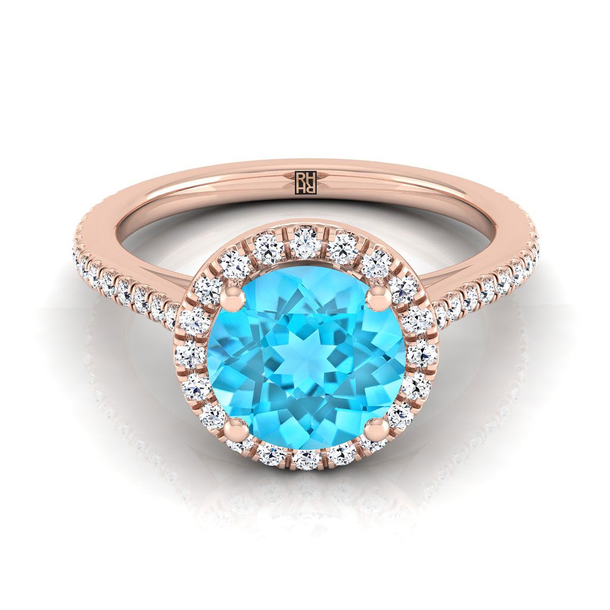 14K Rose Gold Round Brilliant Classic French Pave Halo และ Linear Engagement Ring -1/4ctw