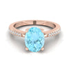 แหวนหมั้นเพชรทรงรี 14K Rose Gold Aquamarine Tapered Pave -1/8ctw