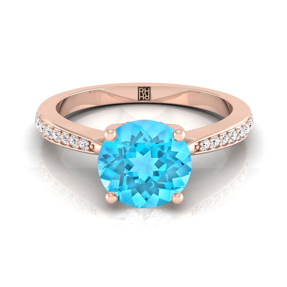 14K Rose Gold Round Brilliant Swiss Blue Topaz Tapered Pave แหวนหมั้นเพชร -1/8ctw