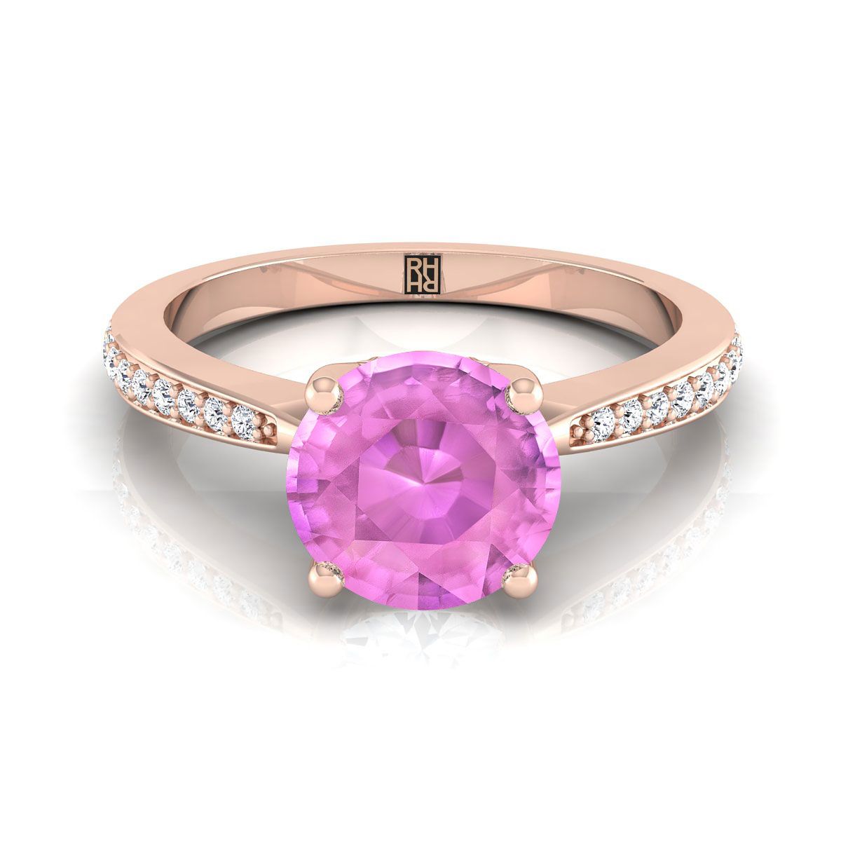 แหวนหมั้นเพชร 14K Rose Gold Round Brilliant Pink Sapphire Tapered Pave -1/8ctw