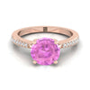 แหวนหมั้นเพชร 14K Rose Gold Round Brilliant Pink Sapphire Tapered Pave -1/8ctw