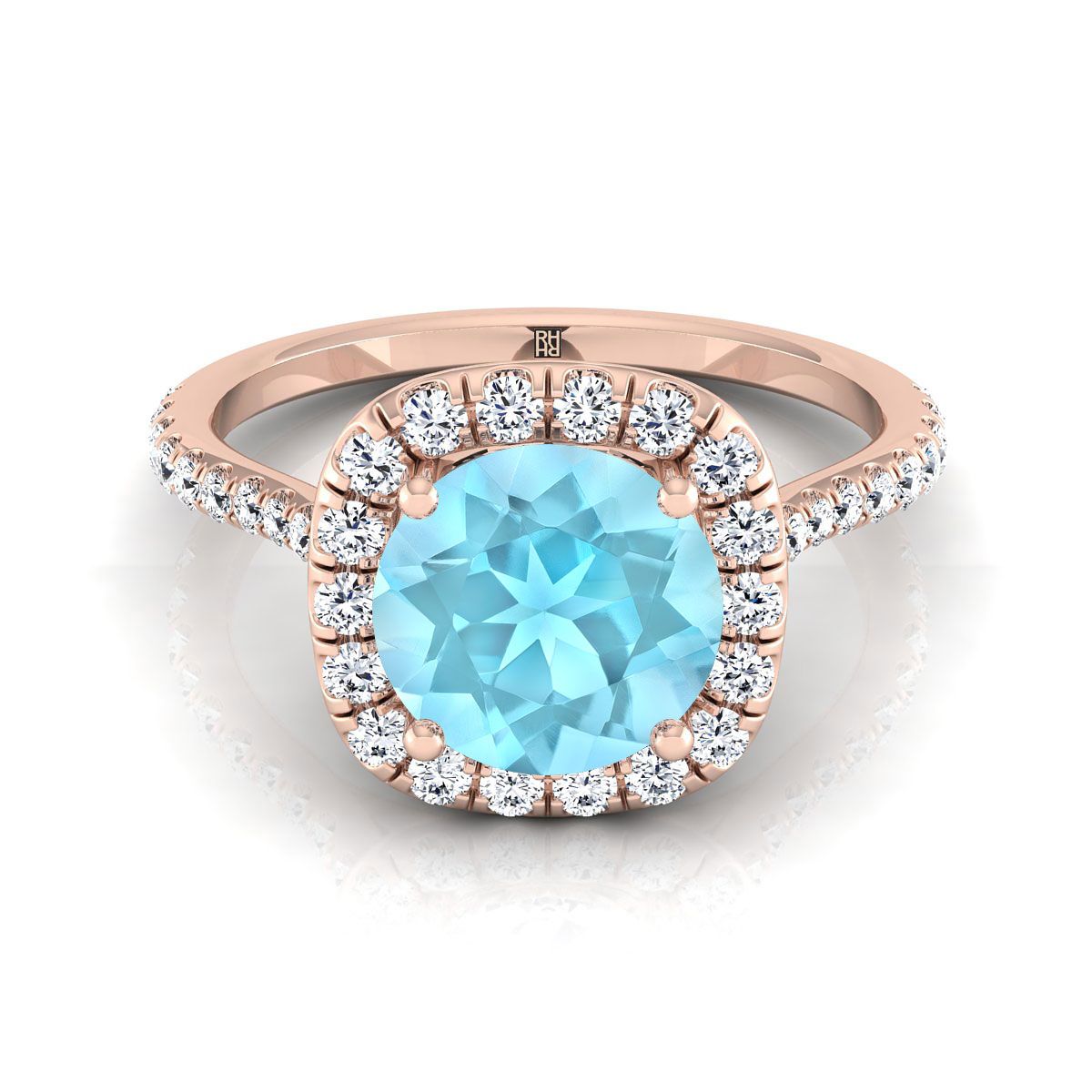 14K Rose Gold Round Brilliant Aquamarine แบ่งปันแหวนหมั้นเพชรง่าม Halo -3/8ctw