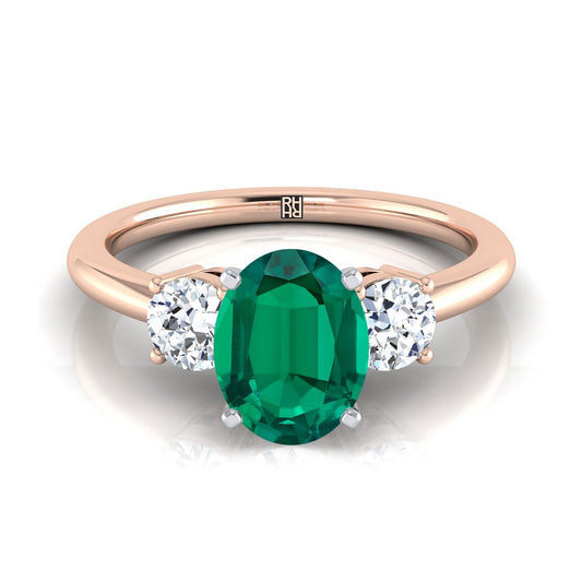 14K Rose Gold Oval Emerald แหวนหมั้นเพชรกลมสามเม็ดที่เข้าคู่กันอย่างลงตัว -1/4ctw