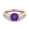 14K Rose Gold Round Brilliant Amethyst Pinched Comfort Fit Claw Prong Solitaire แหวนหมั้น