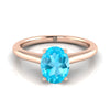 แหวนหมั้น 14K Rose Gold Oval Swiss Blue Topaz ประดับด้วยเพชรพลอย Comfort Fit Claw Prong Solitaire