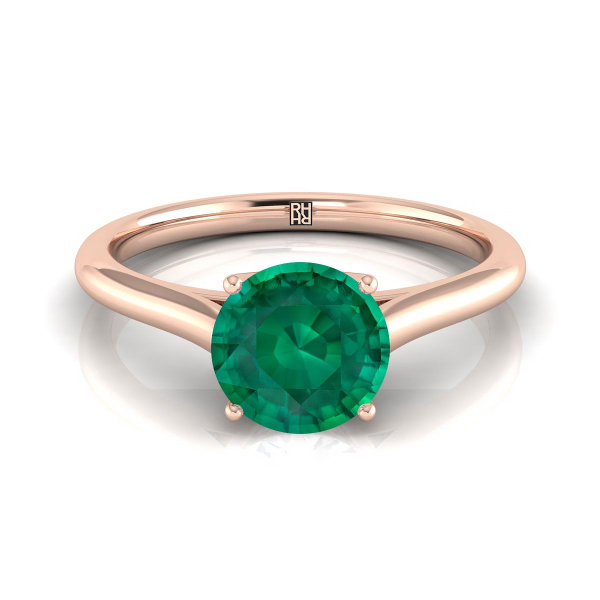 14K Rose Gold Round Brilliant Emerald Cathedral Style Comfort Fit Solitaire แหวนหมั้น