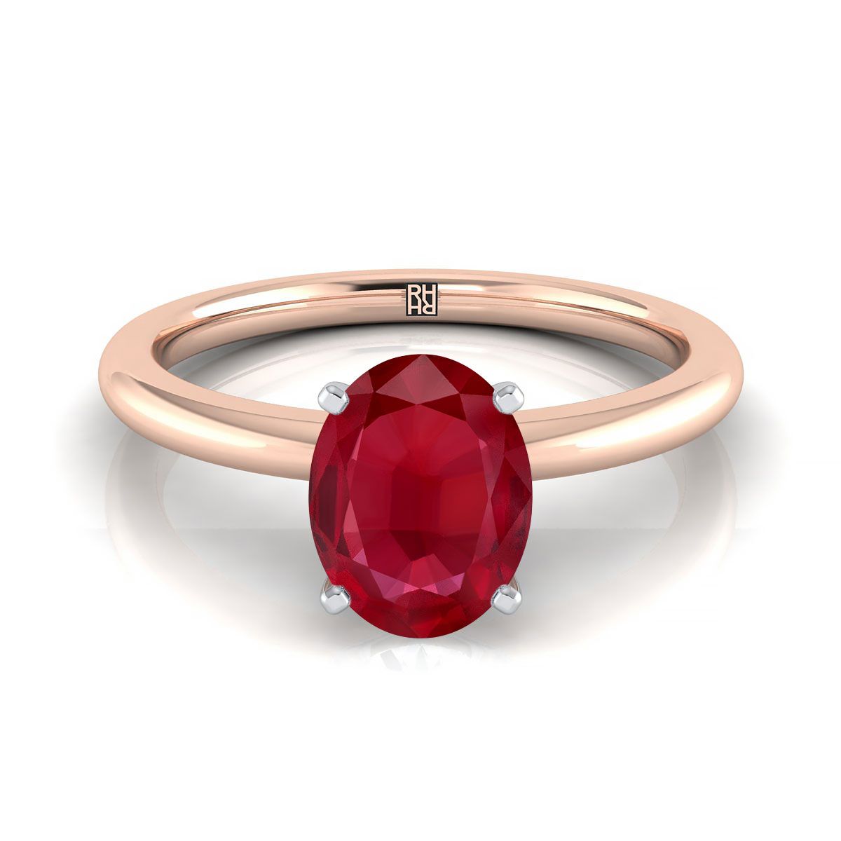 แหวนหมั้นเพชร 14K Rose Gold Oval Ruby Round Comfort Fit Claw Prong Solitaire