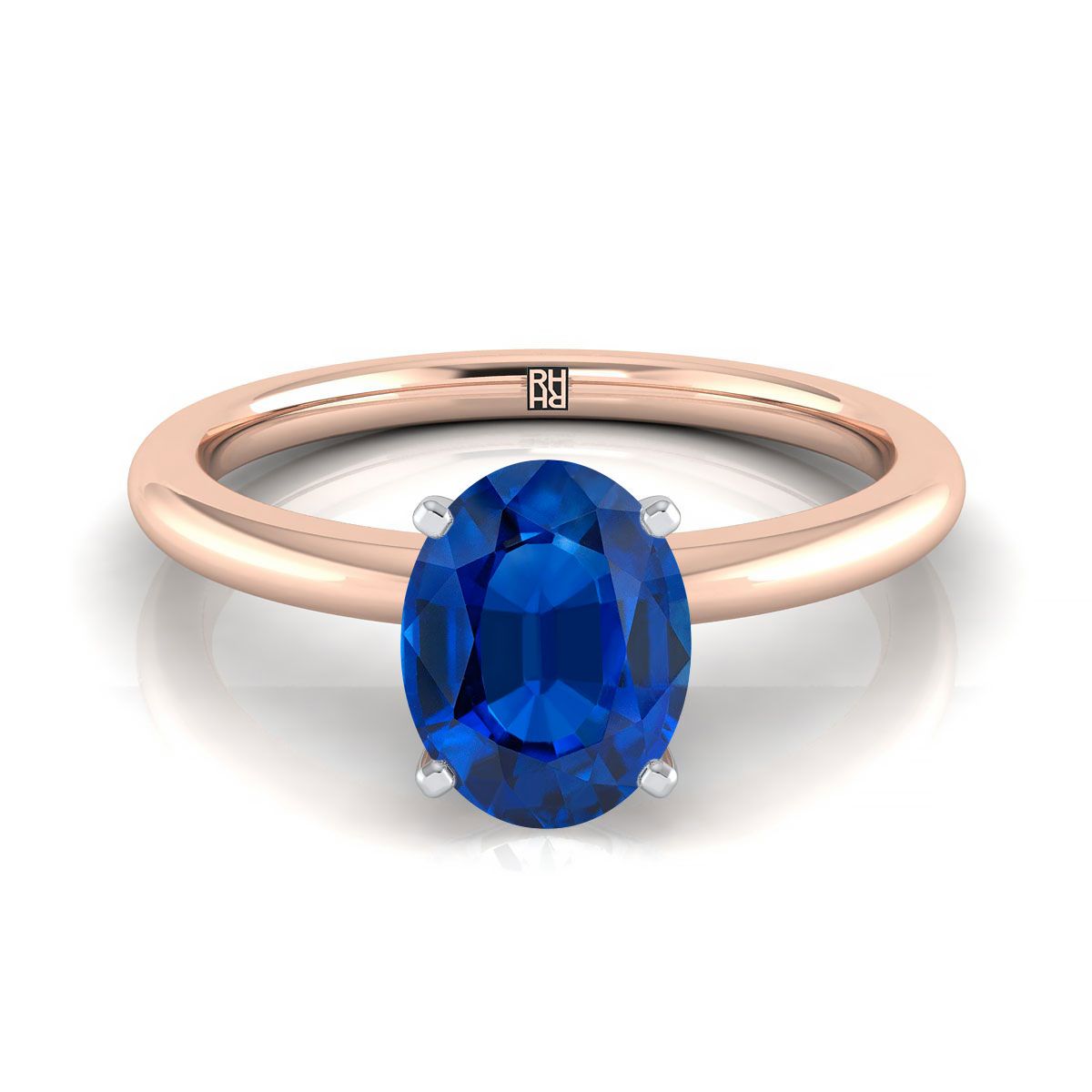 แหวนหมั้นเพชร 14K Rose Gold Oval Sapphire Round Comfort Fit Claw Prong Solitaire