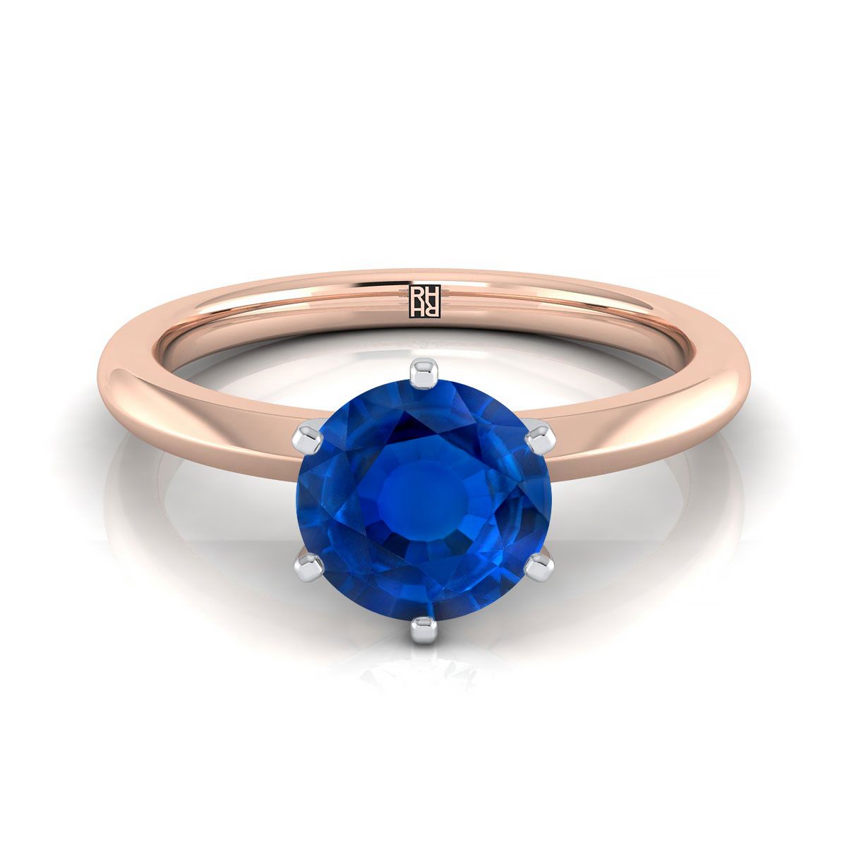 14K Rose Gold Round Brilliant Sapphire Pinched Comfort Fit Claw Prong Solitaire แหวนหมั้น