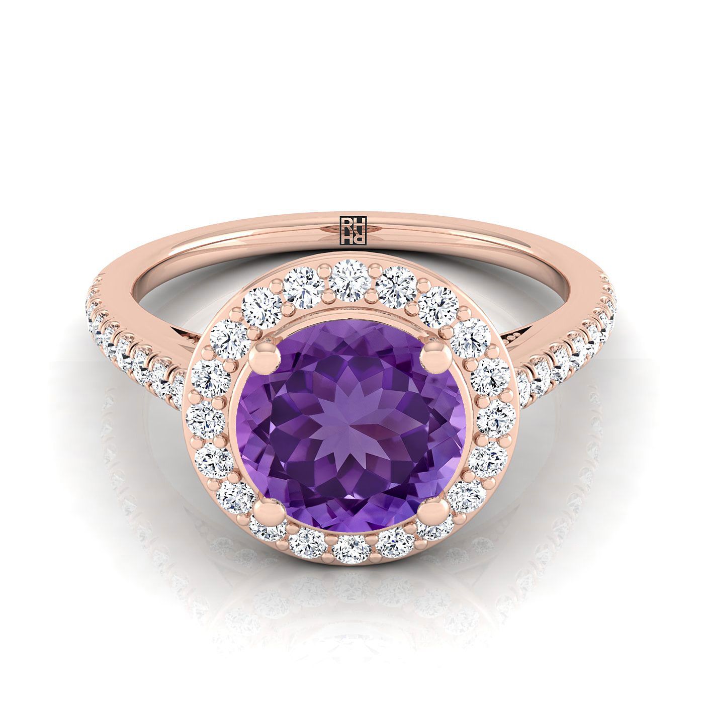 14K Rose Gold Round Brilliant Amethyst French Pave Halo Secret Gallery แหวนหมั้นเพชร -3/8ctw