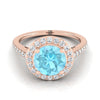 14K Rose Gold Round Brilliant Aquamarine French Pave Halo Secret Gallery แหวนหมั้นเพชร -3/8ctw