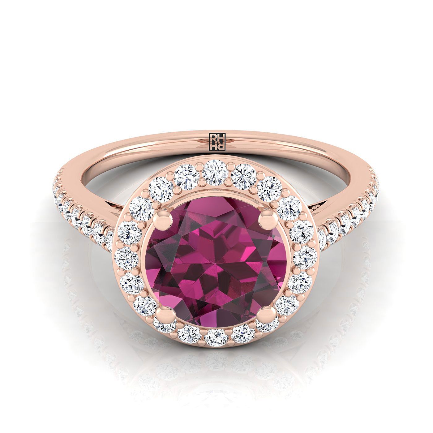 14K Rose Gold Round Brilliant Garnet French Pave Halo Secret Gallery แหวนหมั้นเพชร -3/8ctw